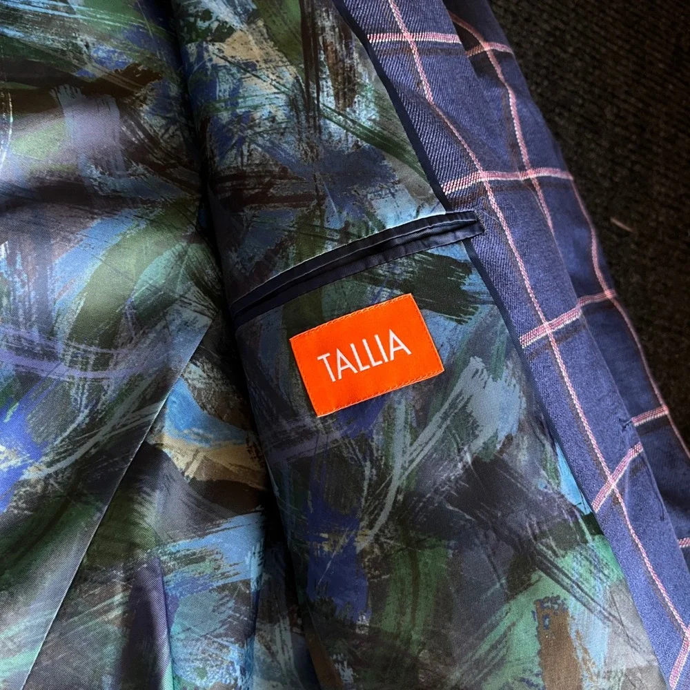 Tallia Mens 44R Blue Pink Windowpane Plaid 100% Linen Sport Coat Blazer Jacket
